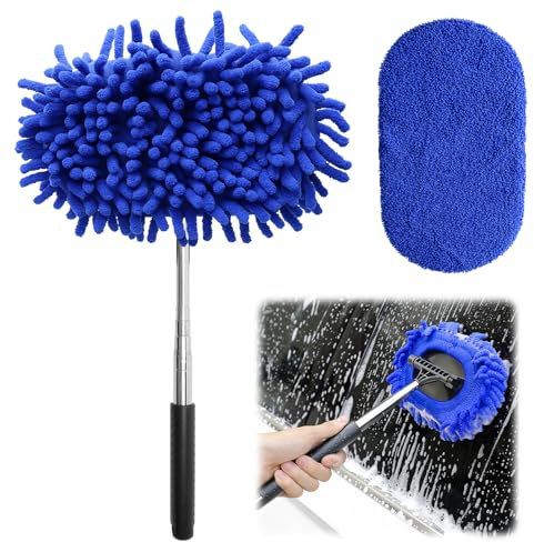 Lot de 3 nettoyeurs de vitres de voiture, outils de nettoyage de pare-brise avec 2 tampons en microfibre réutilisables, nettoyeur de pare-brise de voiture avec poignée extensible, tête pivotante à 180