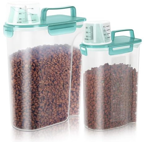 Cat Dog Food Storage Container, Upgraded Large Nozzle BPA-free, 3&5lbs Plastic Pet Food Storage Containers, With 4 Sealed Clasps, 1 Measuring Cup and Handle, Easy to Clean and Carry -Clear Blue 2Pack