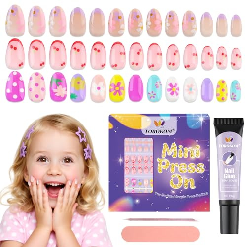 78 Pièces Press On Nails For Kids, TOROKOM Faux Ongles Mignons Pour Enfants Collés Sur Ongles Courts En Forme D'Amande Cadeau Pour Filles Onglet Adhésif (3 Packs, Fleur De Cerisier)