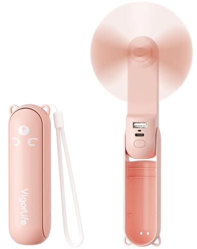 VigorLife Mini Ventilador Portátil 3 en 1 USB Recargable - Ventilador Frío Personal con Batería Externa, Linterna LED - Plegable de Bolsillo para Viajes y Emergencias en Exteriores (Rosa)