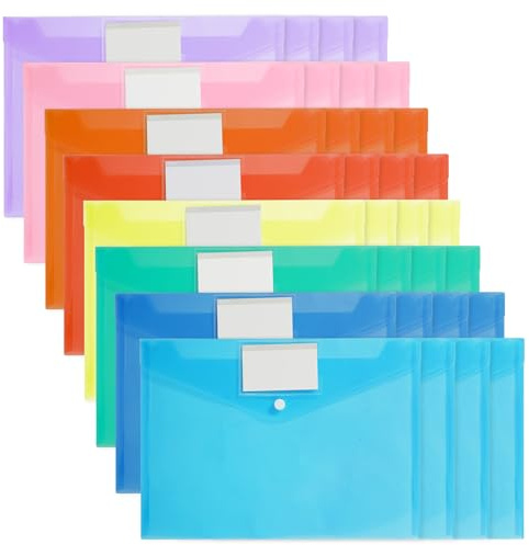 Zorplex 32 Piezas Carpetas Plástico A4 Transparentes, Botón a Presión y Bolsillo para Etiquetas, Carpeta Portadocumentos Reutilizable para Oficina, Escuela y Hogar (32)