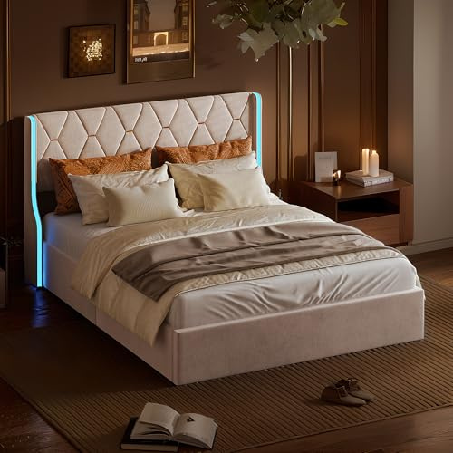 HYNHXBP Lit Coffre 140x190 avec Sommier, Lit Double en Velours Beige avec LED RGB, Tête de Lit Capitonnée à Détails Dorés, Grand Rangement Hydraulique, pour Adultes et aux Adolescents,Velours Beige
