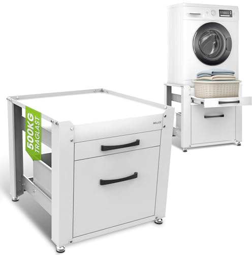 RELLES Untergestell mit Schublade und Ablage, 500 kg Tragkraft, Unterbau aus Stahl, 62x62x57,5 cm (LxBxH), Podest für Waschmaschine und Trockner, Unter Schrank Erhöhung, Höhenverstellbare Füße