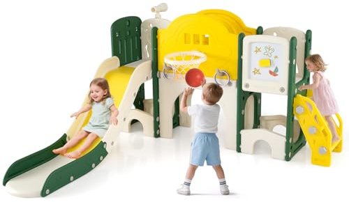 COSTWAY Tobogán Infantil 10 en 1, Parque Infantil con Pizarra Magnética, Telescopio, Lanzamiento de Aros, Canasta, Túnel, Pasillo y Almacenaje, Parque Interior para Niños de 3+ Años