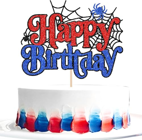 Xsstarmi 1 Pack Happy Birthday Cake Topper Glitter Black Spider Web Funny Bday Theme Cake Pick for Baby Shower Birthday Party Cake Decorations Supplies