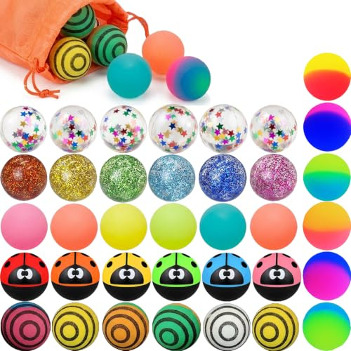 36Pcs Bouncy Balls for Kids Party Bag Fillers-30mm Rubber Balls 6 Styles with Bag, High Bounce Toy for Birthday Party Favors,Colourful Classroom Prizes, Pinata Stuffers Great Gift for Boy&Girl Ages 3+