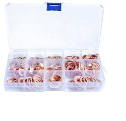 Assortiment de 280 rondelles plates en cuivre M520 pour joints d'huile en cuivre violet avec tableau des tailles dans une boîte pour des utilisations industrielles et mécaniques