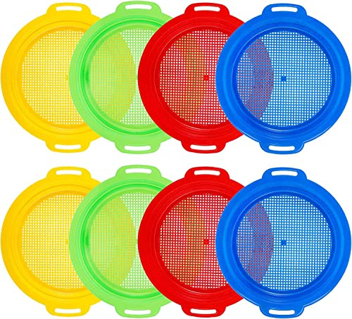 Suwimut 8 Pack Sand Sifter Sieves for Kids Beach Toys, 9.75 x 8.75 Inch Plastic Sand Sifting Pan Strainer for Gardening Digging Finding Treasure Shells Rocks, Gift Set Bundle for Boys Girls