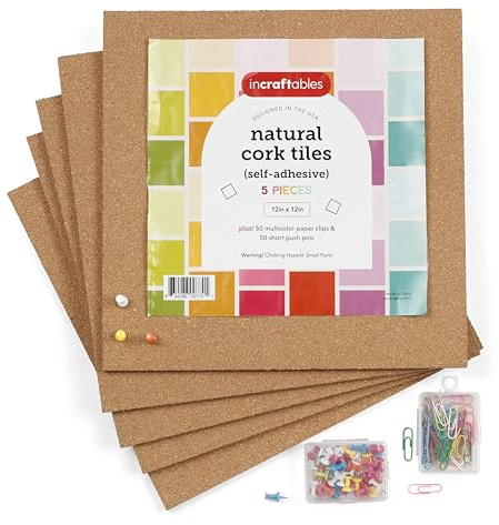 Incraftables Cork Board Tile Squares – 5 Piece 12x12 Self-Adhesive Squares for Bulletin Boards, Wall Corkboards, Vision Boards, Pin Boards, Office & Craft Projects