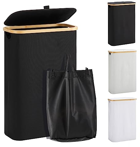 YOUDENOVA Panier à linge, avec couvercle, 48 l, étroit, pliable, haut, en bois de bambou, noir