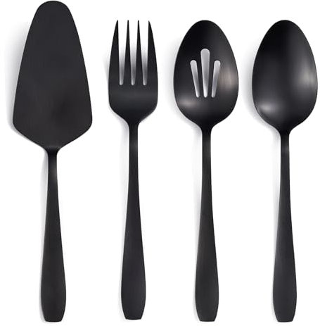 Set de Servir Seeshine en Negro Mate, Set de Acero Inoxidable de 4 Piezas para Anfitriones, Incluye Cucharón Ranurado, Cucharón de Servir, Tenedor de Servir y Espátula para Pasteles