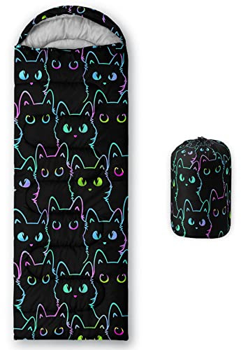 HOSIMA Kids Sleeping Bag for Boys and Girls, Black Cat Print Lightweight Warm Portable Outdoor Indoor Waterproof and Coldproof Sleeping Bag for Camping and Hiking(Black Cat)