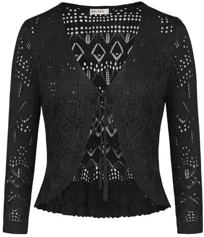 GRACE KARIN Boléro Femme Vintage Manches 3/4 Col en V Cardigan Léger Décontracté Gilet Court Noué sur Le Devant Tricots 2XL Noir