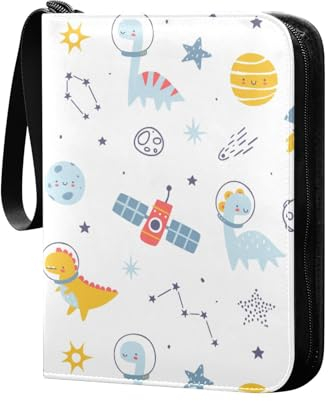 Niedliches Weltraum-Dinosaurier-Astronauten-Sammelkartenalbum, 4 Taschen, Kartenordner, 50 Seiten, 400 Karten, PU-Reißverschluss, Kartenbinder, Aufbewahrungshalter für Sportspielkarte