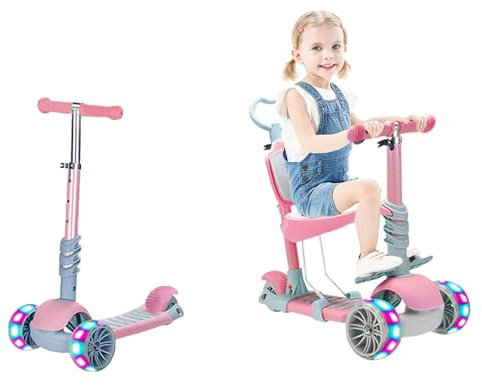 5-in-1 Kinder Roller Scooter mit Abnehmbarem Sitz, 3 PU Leuchtenden Räder, 4 Verstellbaren Höhen, Leicht zu Lenken, Bequeme Rückenlehne, Faltbarer Kinderroller für Mädchen Jungen 1-6 Jahre(Rosa)
