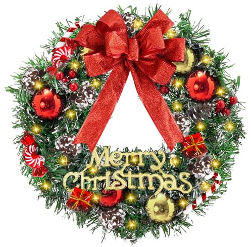 JEDWKFA Weihnachtskranz 31cm, Türkranz Weihnachten, LED Kranz Weihnachten, Künstlicher Adventskranz, Weihnachtsdeko Tür, Mit Roten Beeren und Tannenzapfen Dekoriert, Christmas Wreath