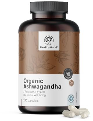HealthyWorld Ashwagandha 500 mg - Anti-Stress - Hochwertige Qualität, hohe Konzentration - 1500 mg pro Tagesdosis - Withania Somnifera - Ohne Zusatzstoffe - 240 Pflanzenkapseln