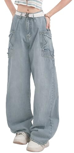 XKBHYD Ladies Y2k Baggy Jeans Hight Waist Star Print Pants Women Casual Multi Pocket Trousers Straight Wide Leg Jeans Blue