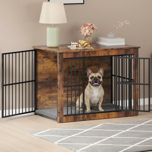 Dog Crate Furniture, 81cm Double Door Wooden Dog Crate with Washable Blanket, Indoor Kennel End Side Table Animal Crates for Small Medium Dogs, Anti-Escape, Rustic Brown