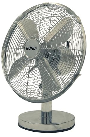 KÜHL 12 Chrome Desk Fan Electric Oscillating Metal Cooling Fan with 3 Speed Settings | Adjustable Tilt | Table Fan for Home, Office or Bedroom | Easy to Assemble