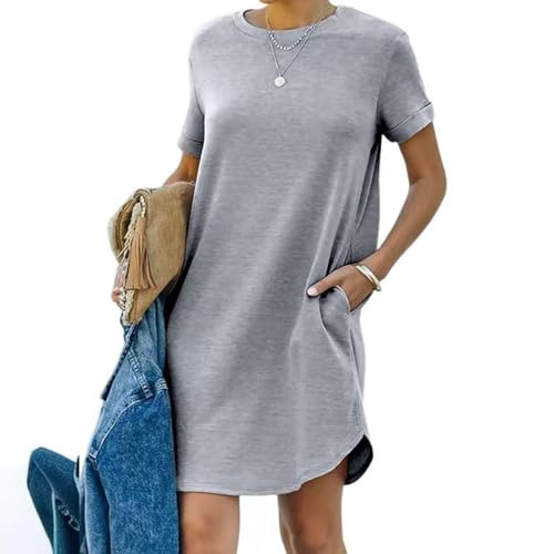 Maglietta da donna, lunghezza al ginocchio, abito estivo da donna, corto, con scollo rotondo, a maniche corte, in cotone, tinta unita, comodo, da spiaggia, casual, per il tempo libero, grigio., XL