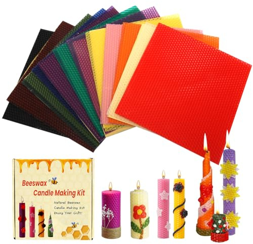 Juego de fabricación de velas de cera de abejas para niños, 12 colores, placas de cera de abejas (20 x 20 cm) con mecha de algodón, hojas de cera de abejas para hacer velas, kit de bricolaje para