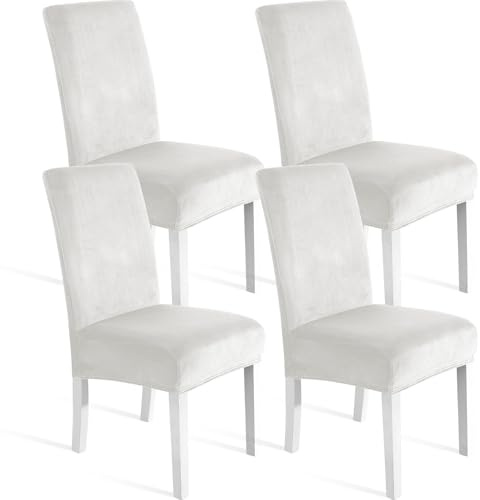 Ystyle Morbido Velluto Coprisedie con Schienale 4 Pezzi, Bianco | Coprisedie Cucina Elasticizzati, Fodere Sedie Universale Soggiorno, Chair Cover Antimacchia, Moderno Fodere per Sedie