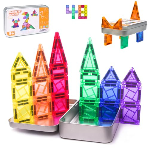 Piastrelle magnetiche da viaggio, 48 pezzi, mini mattoncini magnetici con scatola di ferro, giocattolo da viaggio portatile per bambini dai 3 anni in su, set di mattoni magnetici da costruzione per