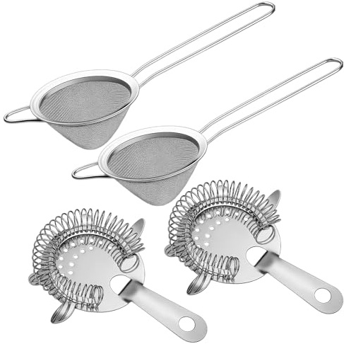 4-Piece Fine Mesh Strainer Set, Stainless Steel Cocktail Strainer and Conical Sieve for Filtering Cocktails, Coffee, Tea, Juice, Washing Rice, Sieving Flour, Kitchen and Bar Accessories