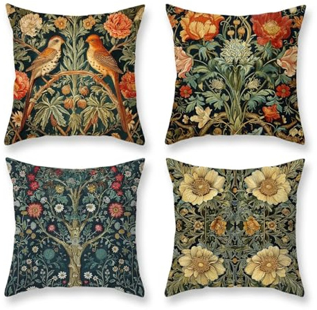 BREASOME William Morris Cushion Covers 45 x 45 cm Set of 4 Boho Botanical Floral and Birds Cushion Covers Soft Decorative Square Throw Pillow Cases for Sofa Couch Bedroom Living Room