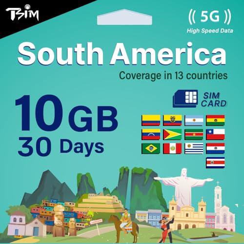 Scheda SIM TSIM Sud America 30 giorni – 10 GB | Rete multi-operatore 5G/4G (hotspot consentito) | Utilizzabile in Brasile, Cile, Colombia, Argentina, Ecuador e altri Paesi | Attivazione automatica.