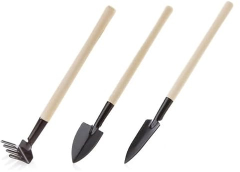 Trädgårdsspad 3-pack trädgårdsspade och kratta med trähandtag järn for krukväxter vit