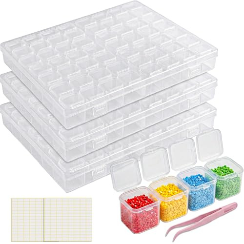 RITOLLO 168-Piece Diamond Art Storage Set with 3 Organiser Boxes | Clear lidded organisers with labels and tweezers for sorting diamond art gems, beads and other small craft pieces