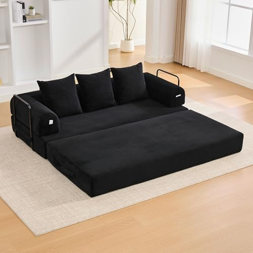 Sapgaks Divano convertibile a 3 posti con struttura in metallo resistente, tasche laterali e 3 cuscini, divano modulare in velluto a coste, può essere combinato liberamente, divano letto, nero