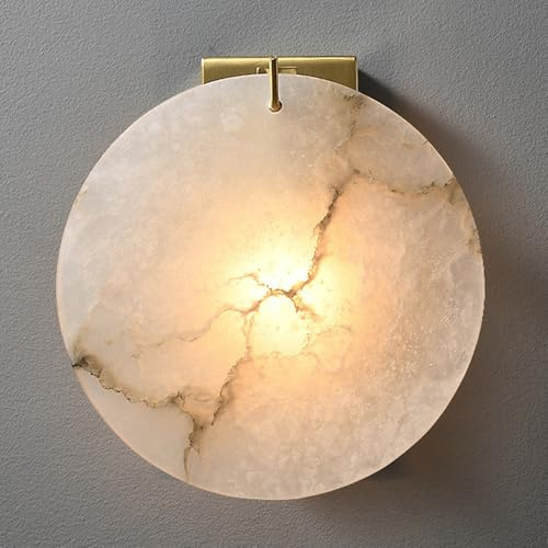 WMYYZYQ Alabaster Sconce Rund Marmor Vägglampa med kopparbas Väggmonterad Lampa E14 Bas Sten Vägglampa Modern Design Dekor Marmor Sconce Belysning för Vardagsrum, Guld-30CM