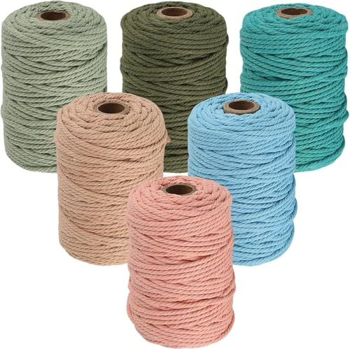 6 PCS Corde Macramé 3mm x 50m, BetterJonny Fil Macramé Macrame Corde Fil Macramé Corde Fil de Coton Naturel pour Bricolage, Artisanat,Tapisserie, Tricot, DIY Décoration (6 Couleurs-B）