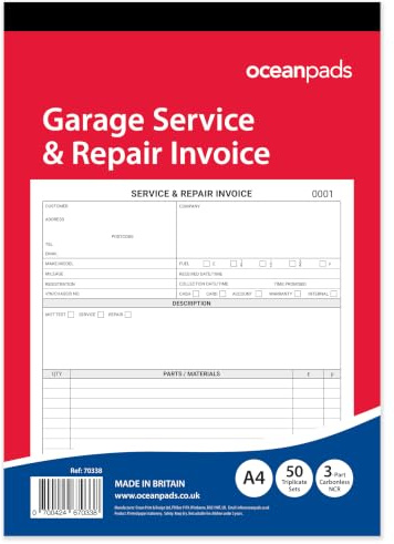 Garage Service & Repair Invoice Book A4 | 3-Part NCR Triplicate | 50 Sets | Workshop Job Card for Garages & Mechanics – Ocean Pads (70338)