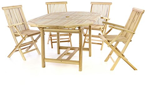 Divero 5teilige Sitzgruppe Puglia – 1 ausziehbarer Esstisch + 4 Klappstühle aus Teakholz, unbehandelt – Farbe: Natur-Braun