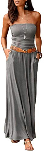 Alaster Queen Women’s Strapless Bandeau Summer Long Floral Dress Off Shoulder Beach Maxi Dress with Pockets Grey