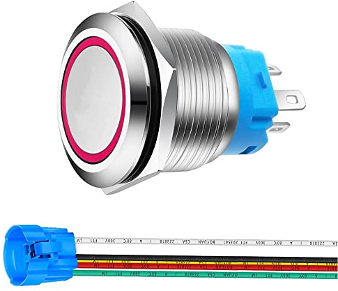 Gebildet 0.87 Inch/22mm Stainless Steel Momentary Push Button 12V-24V 5A LED 1NO1NC SPDT ON Off Waterproof with Wire Socket Plug (Red LED)