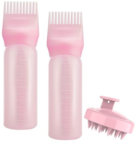 Gezimetie Lot de 3 flacons applicateurs de peigne à racines avec brosse de massage du cuir chevelu, brosse à shampooing, teinture et traitement du cuir chevelu (rose)