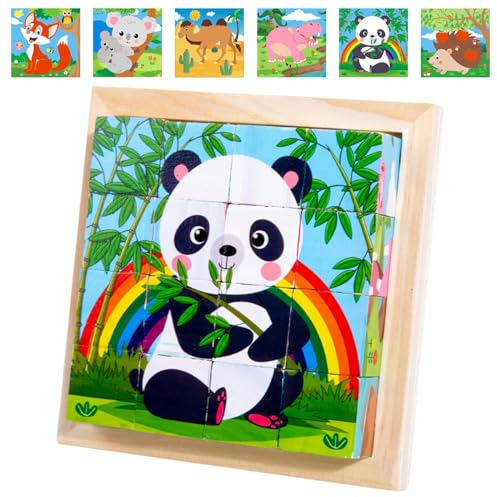 Bilderwürfel Holz, 3D Würfelpuzzle Puzzlespiele, 6 in 1 Tier Motive mit 16 Würfel, Holzpuzzle Montessori Spielzeug für Kinder ab1 2 3 4 Jahren