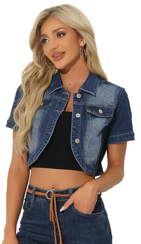 Allegra K Dam Casual Jeansjacka för Kortärmade Jeansjackor med spetsig krage