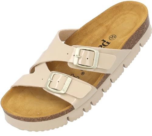 Palado Plateau-Pantoletten Damen Arrila PL - bequeme Sandalen Made in Spain - Hausschuhe mit Kork-Fußbett - modische Sommerschuhe Beige Lack UK7 - EU40