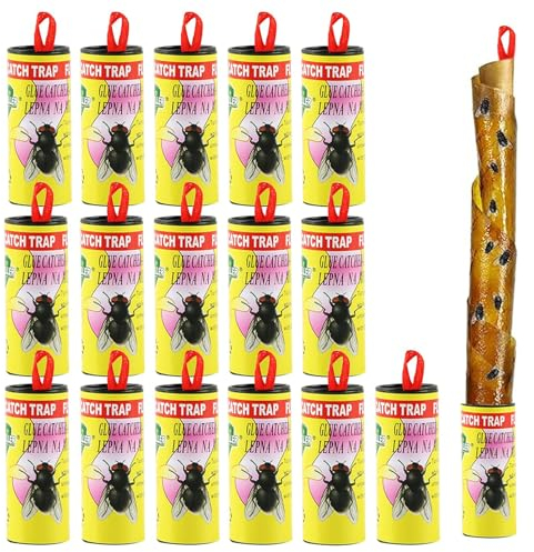 Rotolini Acchiappamosche, Trappole Adesive per Mosche, Trappola Mosche per Frutta appiccicosa, Strisce Adesive Cattura, Trappole per Mosche della Frutta, Uso per Interno ed Esterno, 16 Pezzi