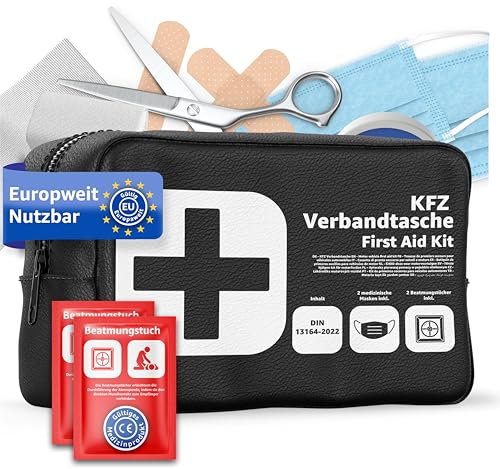 Trousse de premiers secours DIN13164:2022 norme 2026 noire avec appareil respiratoire, obligatoire pour voitures et véhicules, kit d’urgence conforme loi circulation routière allemande
