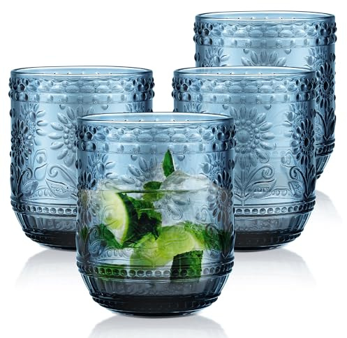 Joeyan Water Glasses Drinking Set of 4, 360ml Ribbed Tumbler Glasses Coloured Highball Glasses Glassware for Juice Cocktail Beverages Whiskey Beer Water Tea Modern Gift, Blue