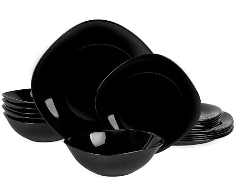 LaGlint Juego de Vajilla 18 Piezas Negro, Cuadrado Vidrio Opalino Vajilla para 6 Personas con 6 Platos Llanos, 6 Platos de Postre y 6 Cuencos de Cereales, Aptos para Lavavajillas y Microondas