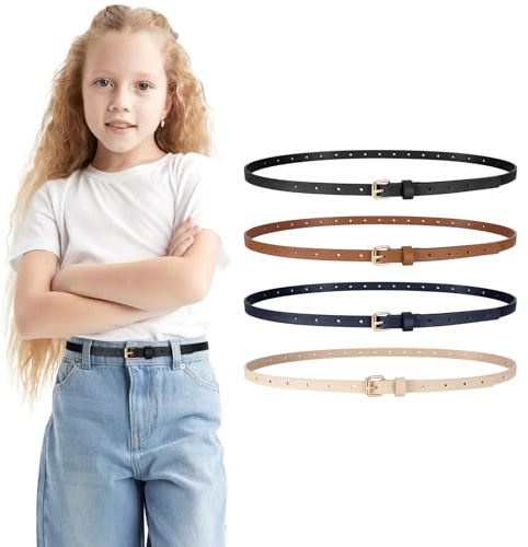 4 Pack Girls Skinny Leather Belts for Jeans Dress Thin Waist Belts for Girl with Gold Buckle