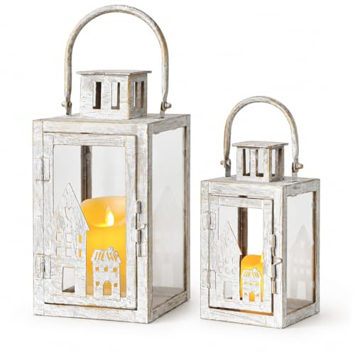 TRIROCKS Lanterna decorativa per candele 19,5 & 27,5 cm Portacandele in metallo vintage Set di 2 lanterne da esterno per giardino, soggiorno, interni ed esterni (grigio con spazzola d'oro)